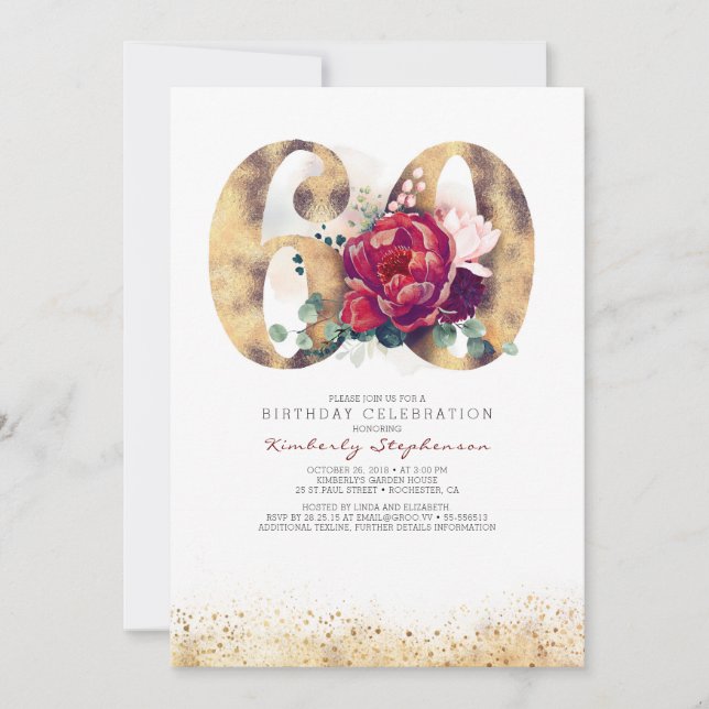 Invitación de cumpleaños 60 - Rojo y Oro de Borgoñ (Anverso)