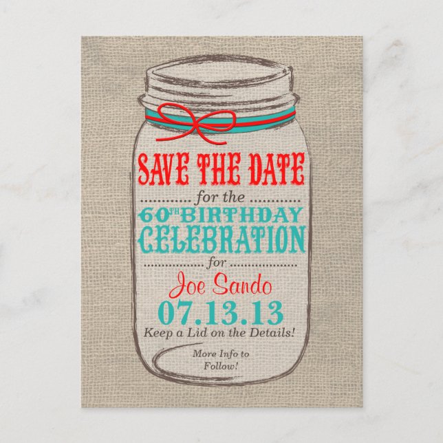 Invitación de cumpleaños 60 Rustic Burlap & Mason  (Anverso)