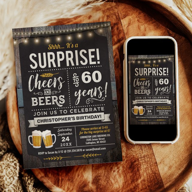 Invitación de cumpleaños 60 sorpresa Cheers and Be (Surprise Cheers and Beers 60th Birthday Invitation)