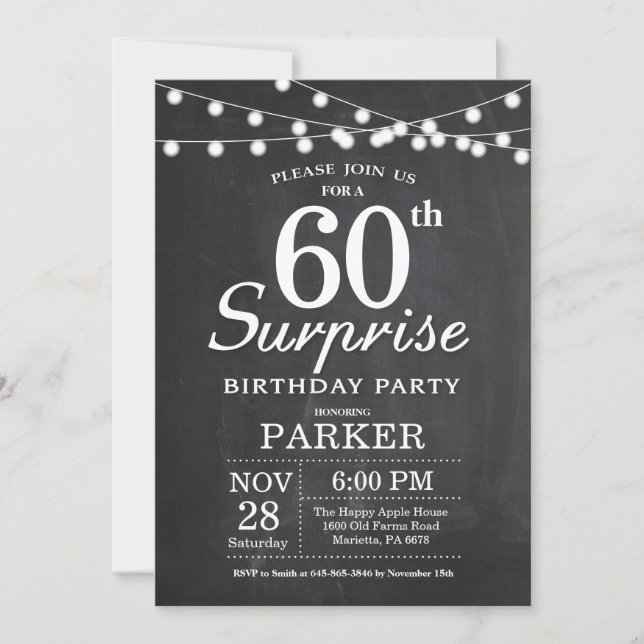 Invitación de cumpleaños 60 sorpresa en pizarra (Anverso)