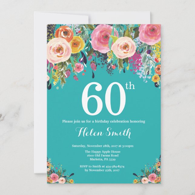 Invitación de cumpleaños 60 teal floral (Anverso)