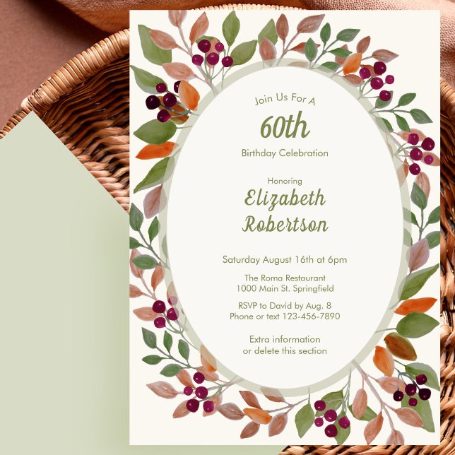 Invitación de cumpleaños 60 Verde Salvia Hojas de  (Subido por el creador)