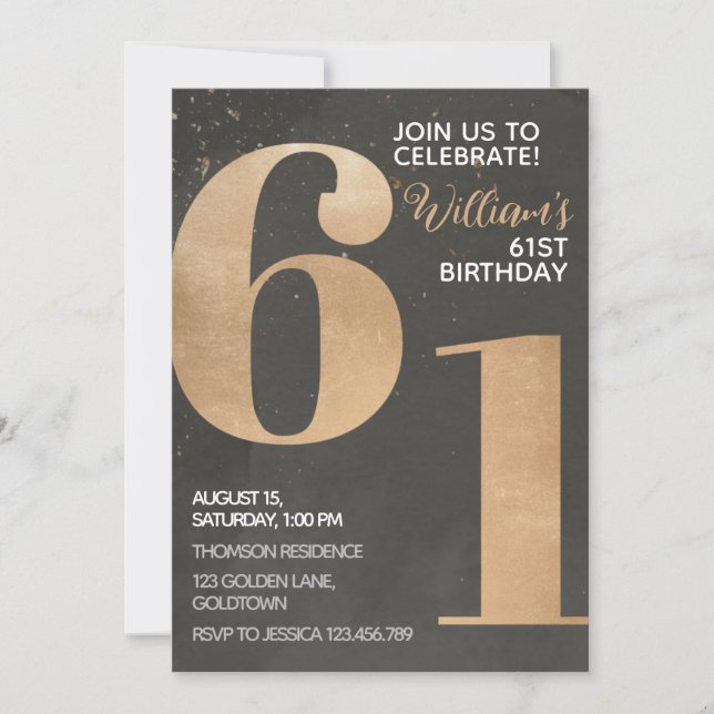 Invitación de cumpleaños 61 de Gold Black (Anverso)