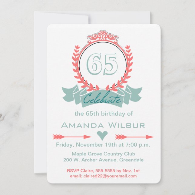 Invitación de cumpleaños 65º Chevron Coral Blue (Anverso)