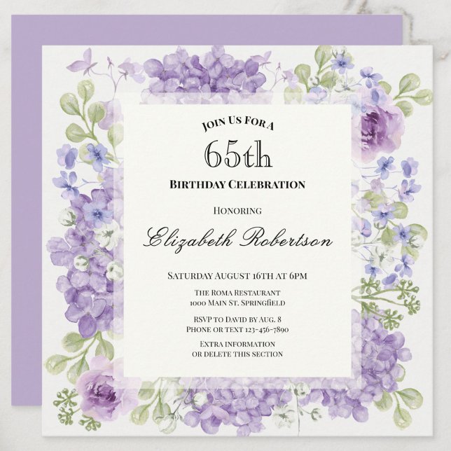 Invitación de cumpleaños 65 elegante flores púrpur (Subido por el creador)