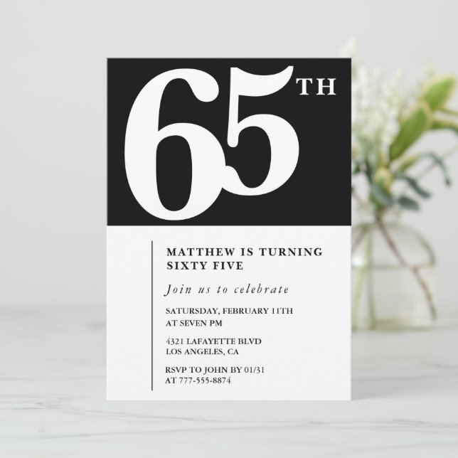 invitación de cumpleaños 65 negro Elegante Chic Si (Anverso de pie)