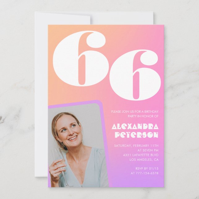 Invitación de cumpleaños 66ª foto retro gradiente  (Anverso)
