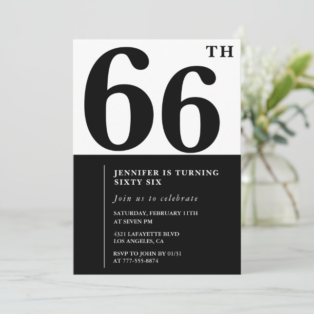 Invitación de cumpleaños 66 elegante mujer Negro (Anverso de pie)