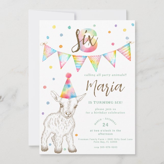 Invitación de cumpleaños 6 a fiesta de cabra anima (Anverso)