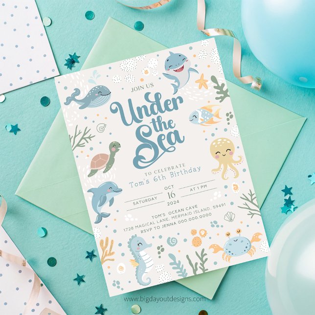Invitación de cumpleaños 6 con temática oceánica.  (Ocean Themed 6th Birthday Invitation. Kids Ocean Party Invite. Editable Template. Boys Under The Sea)