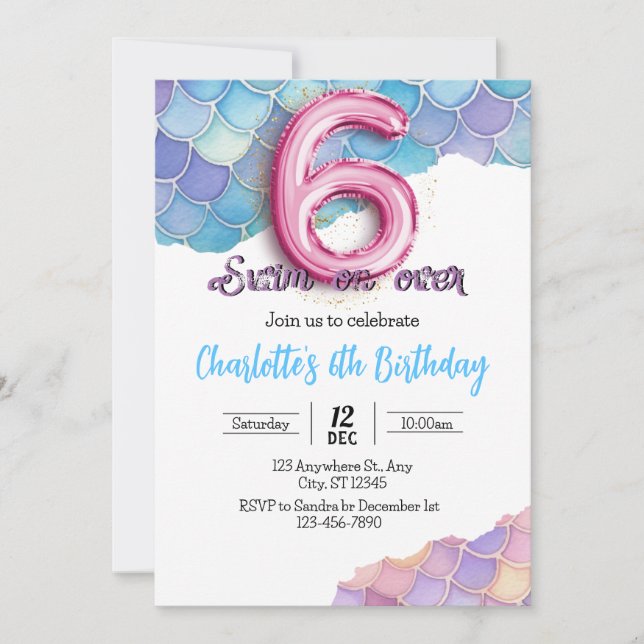Invitación de cumpleaños 6 de Sirena (Anverso)