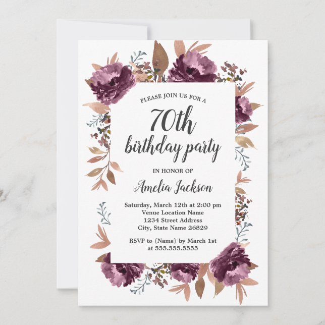 Invitación de cumpleaños 70 a Bloom Purple Waterco (Anverso)