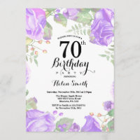 Invitación de cumpleaños 70 a la Floral Púrpura Bo