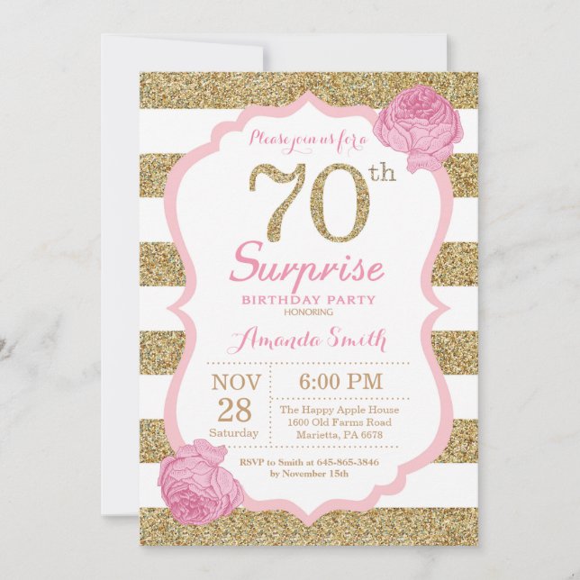 Invitación de cumpleaños 70 a la sorpresa rosa y d (Anverso)