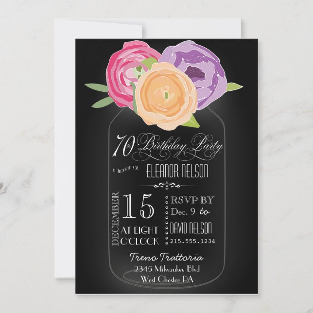 Invitación de cumpleaños 70 a Mason Jar Chalkboard (Anverso)