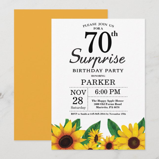 Invitación de cumpleaños 70 a Sunflower Surprise (Anverso / Reverso)
