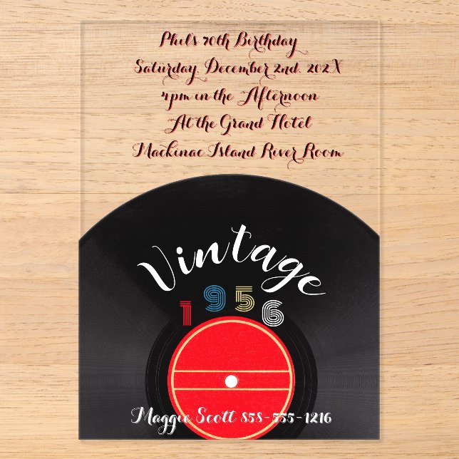 Invitación de cumpleaños 70 años con diseño retro  (Anverso)