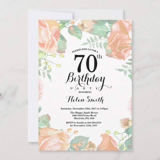 Invitación de cumpleaños 70 Botánico Floral Meloco (Anverso)