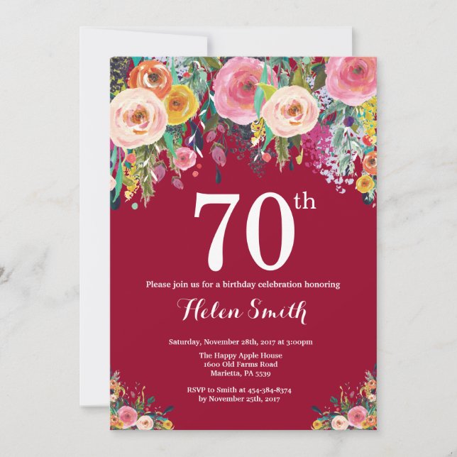 Invitación de cumpleaños 70 Burgundy Floral (Anverso)