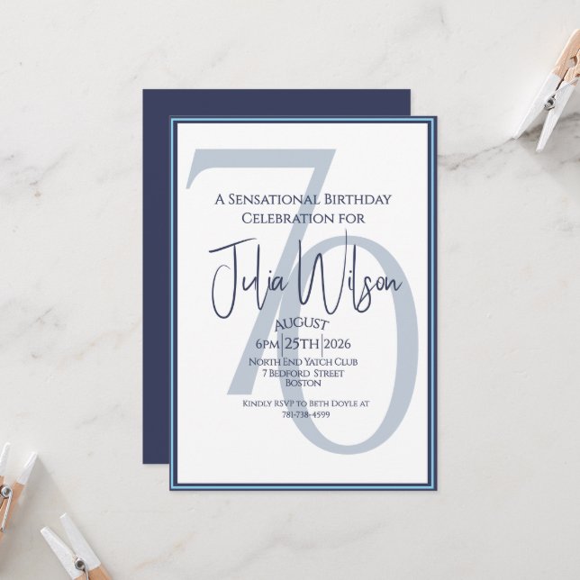 Invitación de cumpleaños 70 Coastal Chic Navy (Anverso/Reverso In Situ)