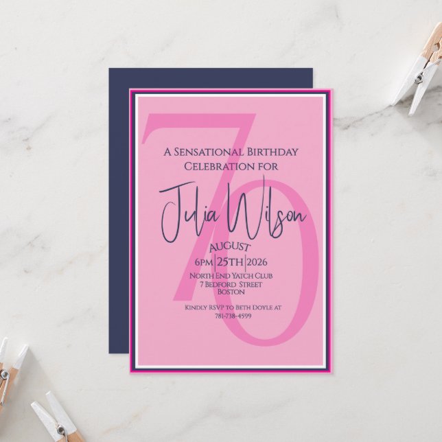 Invitación de cumpleaños 70 Coastal Chic Rosa y Az (Anverso/Reverso In Situ)