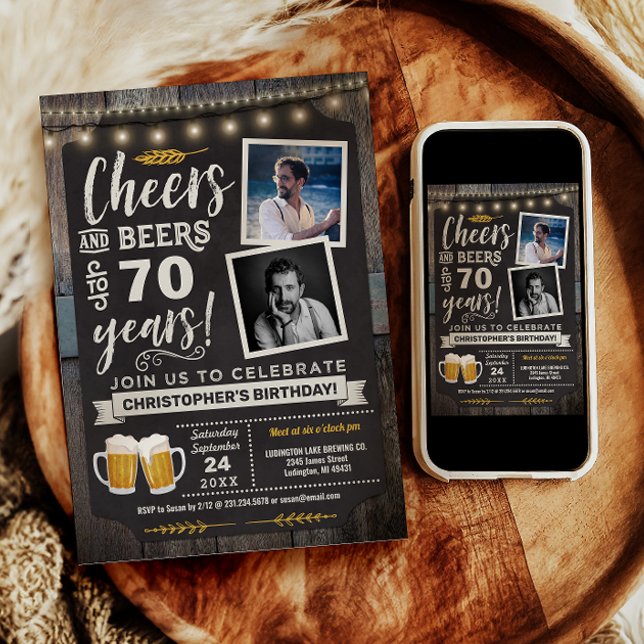 Invitación de cumpleaños 70 con Cheers y Beers y f (Photo Cheers and Beers 70th Birthday Invitation)