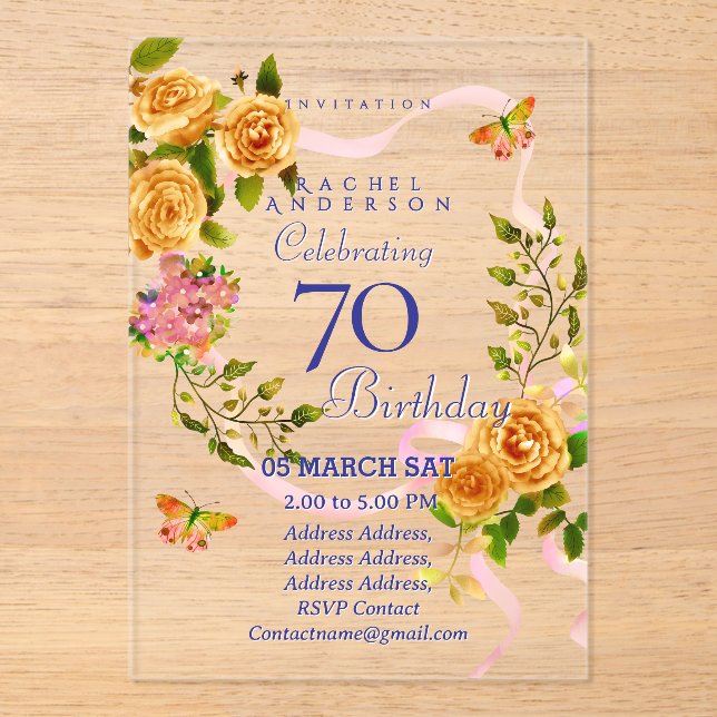 Invitación de cumpleaños 70 con cinta de rosa de o (Anverso)