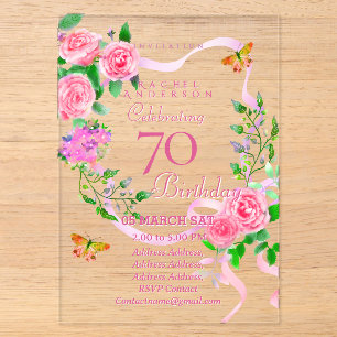 Invitación de cumpleaños 70 con cinta de rosa rosa