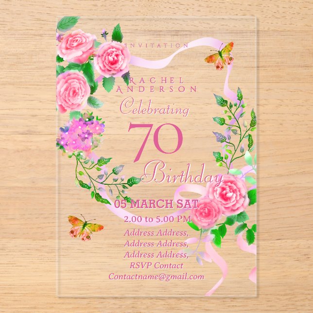 Invitación de cumpleaños 70 con cinta de rosa rosa (Anverso)