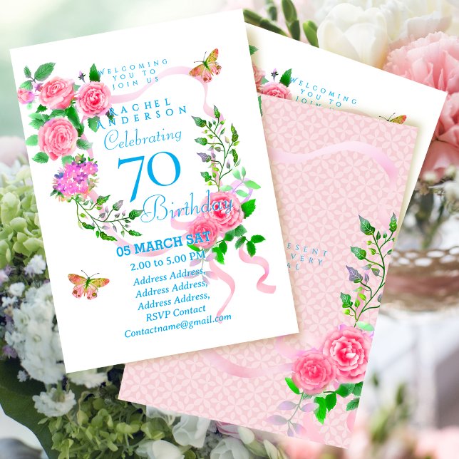 Invitación de cumpleaños 70 con cinta de rosa rosa (Pink Rose Ribbon 70th Birthday Invitation)