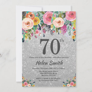 Invitación de cumpleaños 70 con flores de brillo p
