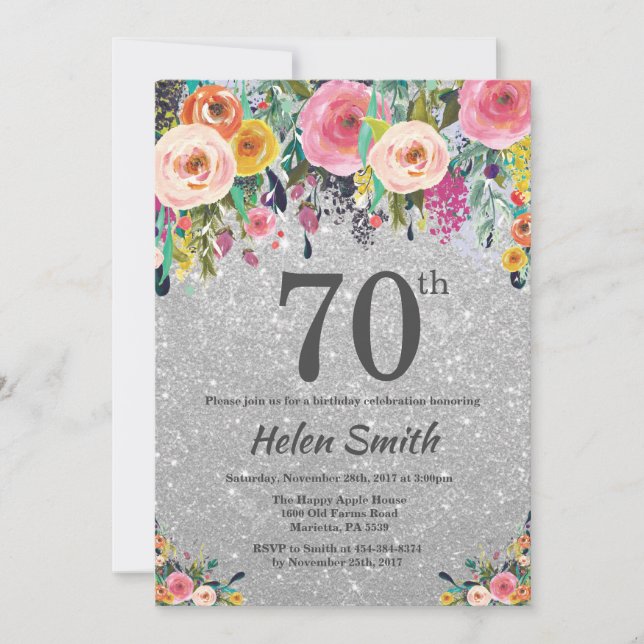 Invitación de cumpleaños 70 con flores de brillo p (Anverso)