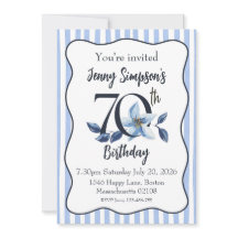 Invitación de cumpleaños 70 con franja azul y flor
