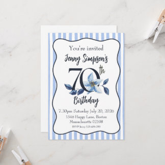 Invitación de cumpleaños 70 con franja azul y flor