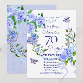 Invitación de cumpleaños 70 con lazo de rosa azul