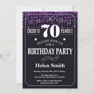 Invitación de cumpleaños 70 con purpurina púrpura
