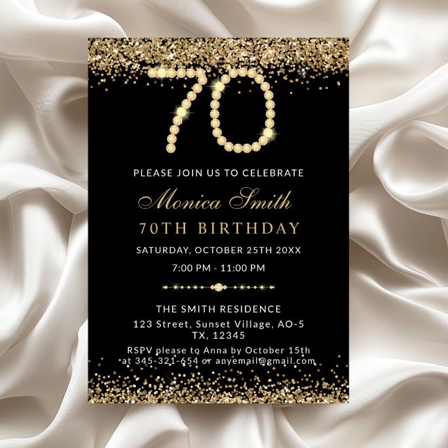 Invitación de cumpleaños 70 de Chic Gold Diamonds (Gold Diamonds 70th Birthday Party Invitation)