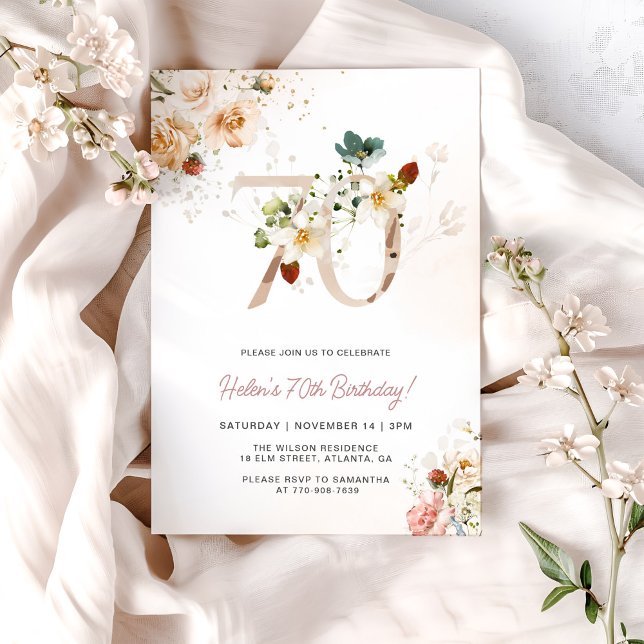Invitación de cumpleaños 70 de floral rosa y dorad (Subido por el creador)
