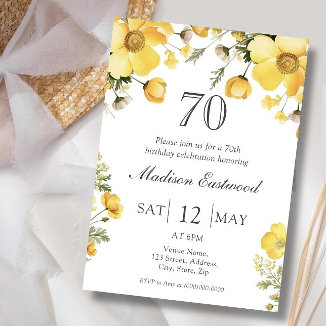 Invitación de cumpleaños 70 de la floral amarilla (Subido por el creador)