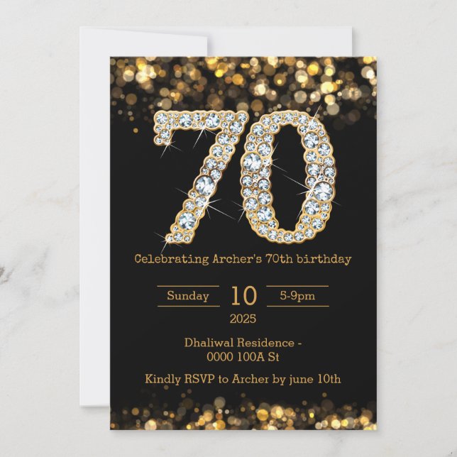 Invitación de cumpleaños 70 de oro negro (Anverso)