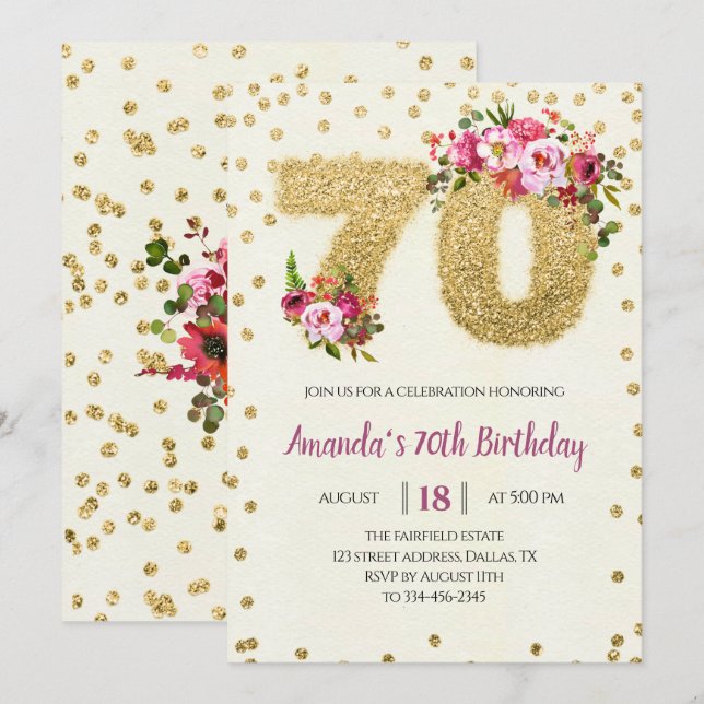 Invitación de cumpleaños 70 de Pink Floral (Anverso / Reverso)
