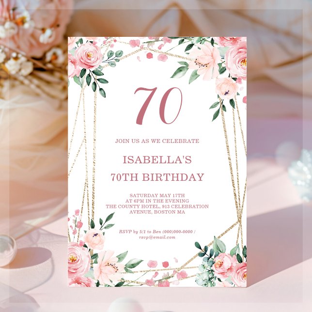 Invitación de cumpleaños 70 de Pink Rubor Floral (Subido por el creador)