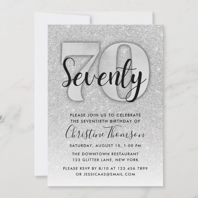 Invitación de cumpleaños 70 de Silver Purpurina (Anverso)
