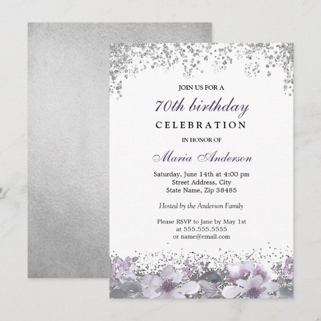 Invitación de cumpleaños 70 de Silver Purpurina Pu (Anverso / Reverso)