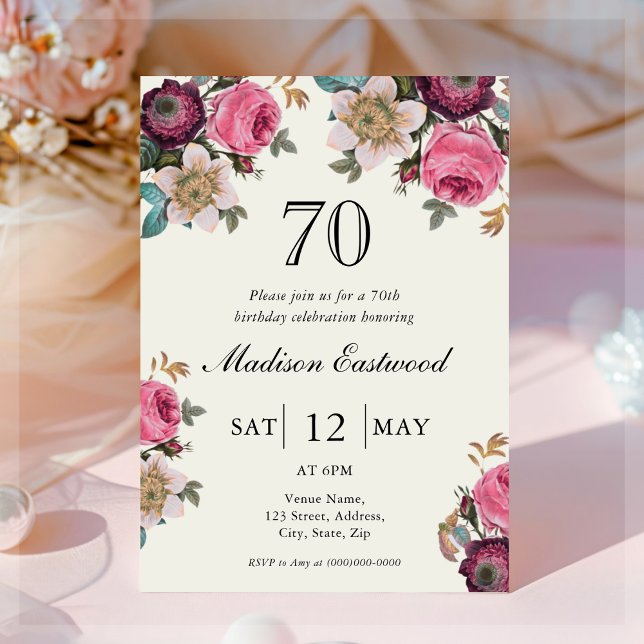 Invitación de cumpleaños 70 de Vintage Floral (Subido por el creador)