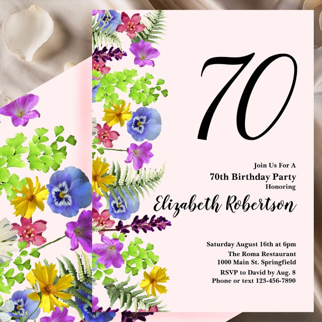 Invitación de cumpleaños 70 de Wildflowers en rosa (Subido por el creador)