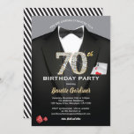 Invitación de cumpleaños 70 del Casino. Negro y or<br><div class="desc">Todos los textos son editables excepto el "70". Puedes personalizarlos para decir Fiesta de Cumpleaños / Celebración de Cumpleaños,  etc. Trato formal negro y blanco y corbata con cartas de juego y dados.
¡Consigue esta elegante invitación ahora!</div>