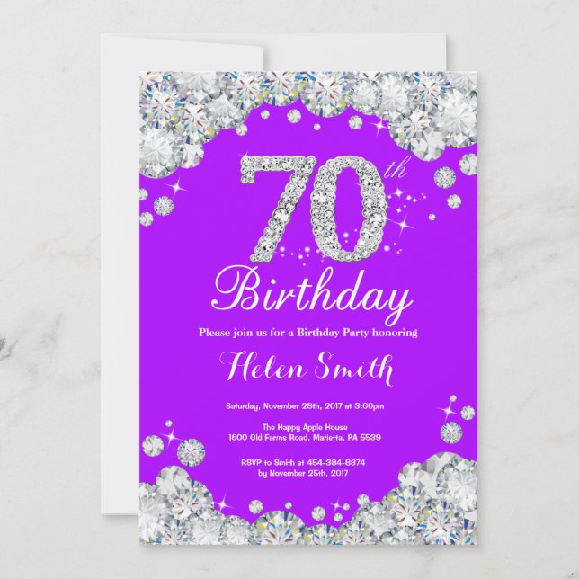 Invitación de cumpleaños 70 Diamante morado y plat (Anverso)