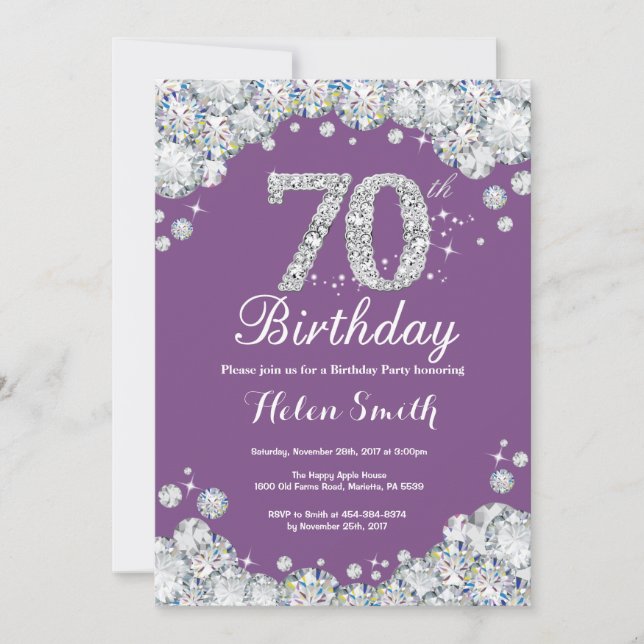 Invitación de cumpleaños 70 Diamante morado y plat (Anverso)