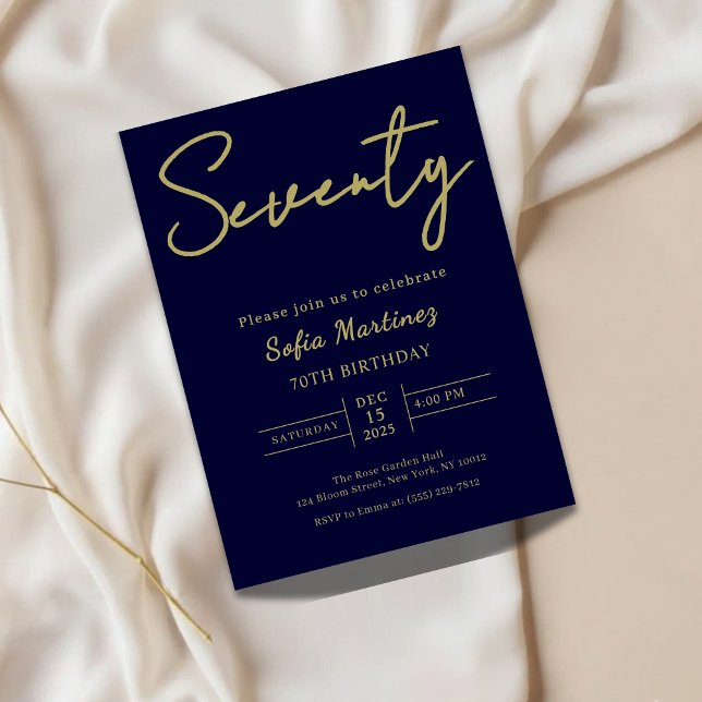 Invitación de cumpleaños 70 elegante de navy y oro (Subido por el creador)
